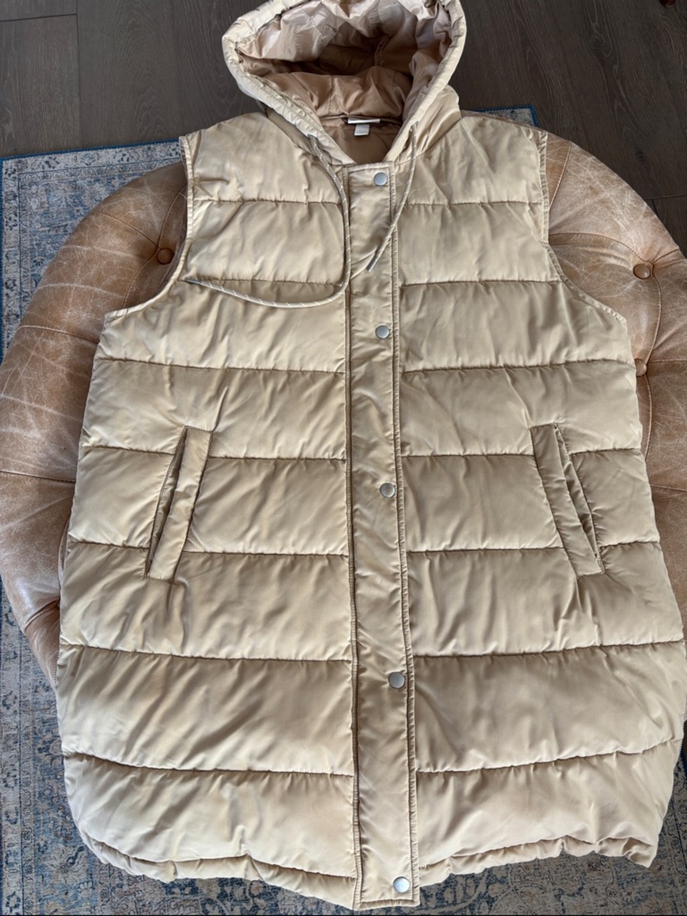 Zella Hooded Quilted Long Puffer Vest in Tan - Women's Sleeveless Coat Size L